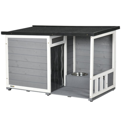 Outdoor Dog House, Wooden Dog House with 2 Bowls, Terrace, Waterproof Dog Cave with Gable Roof Kennel for Small Dogs, Gray, 103 x 62 x 60-66 cm
