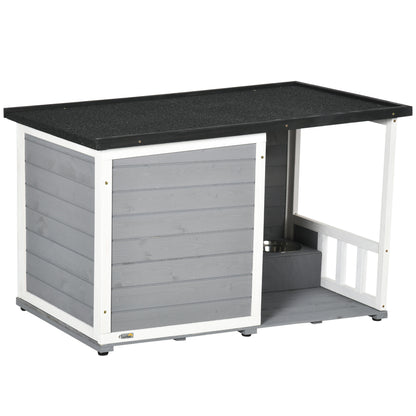 Outdoor Dog House, Wooden Dog House with 2 Bowls, Terrace, Waterproof Dog Cave with Gable Roof Kennel for Small Dogs, Gray, 103 x 62 x 60-66 cm