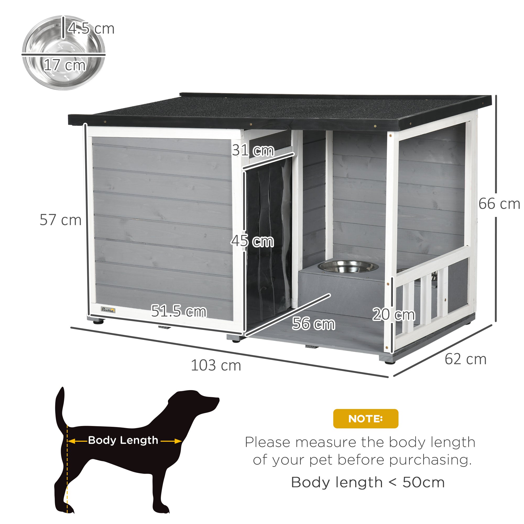 Outdoor Dog House, Wooden Dog House with 2 Bowls, Terrace, Waterproof Dog Cave with Gable Roof Kennel for Small Dogs, Gray, 103 x 62 x 60-66 cm
