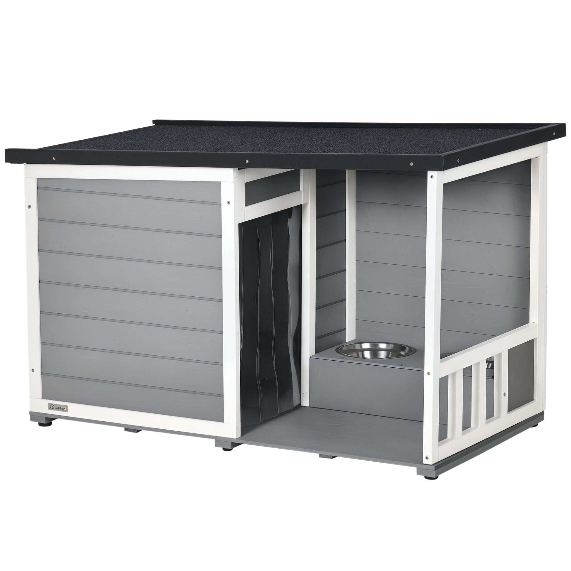 Outdoor Dog House, Wooden Dog House with 2 Bowls, Terrace, Waterproof Dog Cave with Gable Roof Kennel for Small Dogs, Gray, 103 x 62 x 60-66 cm