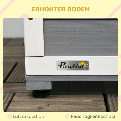 Outdoor Dog House, Wooden Dog House with 2 Bowls, Terrace, Waterproof Dog Cave with Gable Roof Kennel for Small Dogs, Gray, 103 x 62 x 60-66 cm