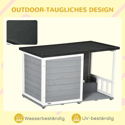 Outdoor Dog House, Wooden Dog House with 2 Bowls, Terrace, Waterproof Dog Cave with Gable Roof Kennel for Small Dogs, Gray, 103 x 62 x 60-66 cm