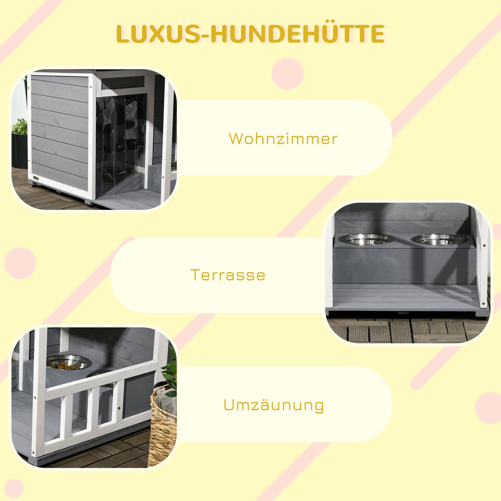 Outdoor Dog House, Wooden Dog House with 2 Bowls, Terrace, Waterproof Dog Cave with Gable Roof Kennel for Small Dogs, Gray, 103 x 62 x 60-66 cm