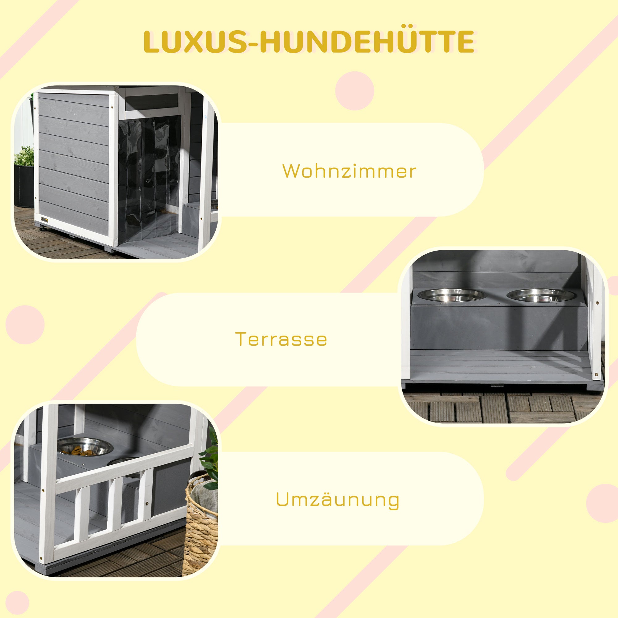 Outdoor Dog House, Wooden Dog House with 2 Bowls, Terrace, Waterproof Dog Cave with Gable Roof Kennel for Small Dogs, Gray, 103 x 62 x 60-66 cm