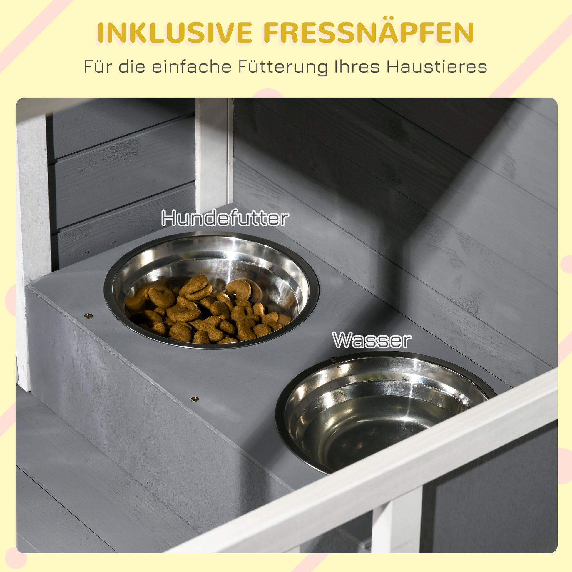 Outdoor Dog House, Wooden Dog House with 2 Bowls, Terrace, Waterproof Dog Cave with Gable Roof Kennel for Small Dogs, Gray, 103 x 62 x 60-66 cm