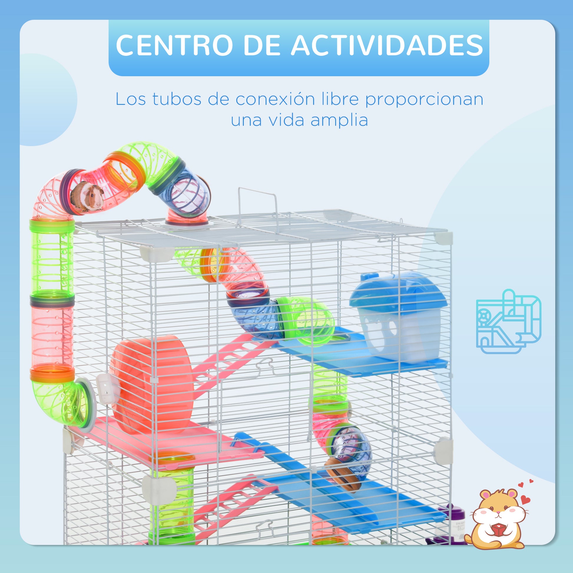 Hamster Cage Small Animal House with Tunnel Platforms Bowl Drinker Hideout Ramps and Exercise Wheel 46x30x58cm Green and White