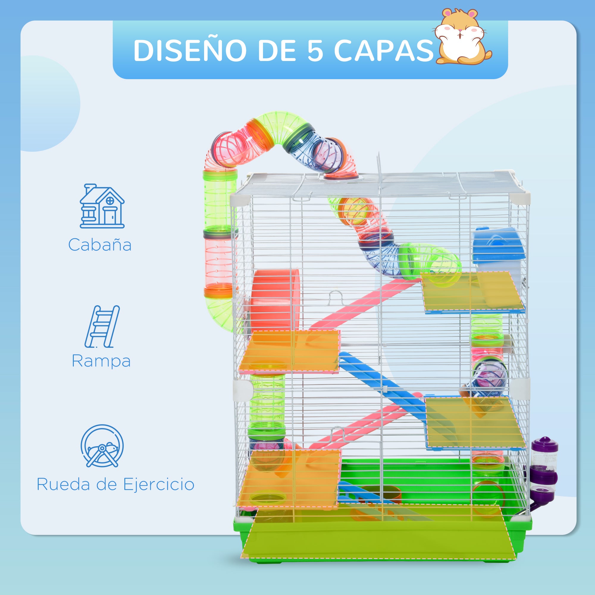 Hamster Cage Small Animal House with Tunnel Platforms Bowl Drinker Hideout Ramps and Exercise Wheel 46x30x58cm Green and White
