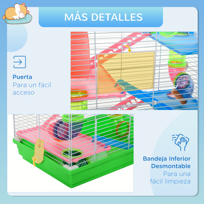 Hamster Cage Small Animal House with Tunnel Platforms Bowl Drinker Hideout Ramps and Exercise Wheel 46x30x58cm Green and White