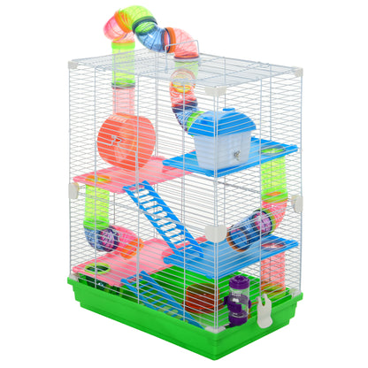Hamster Cage Small Animal House with Tunnel Platforms Bowl Drinker Hideout Ramps and Exercise Wheel 46x30x58cm Green and White