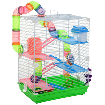 Hamster Cage Small Animal House with Tunnel Platforms Bowl Drinker Hideout Ramps and Exercise Wheel 46x30x58cm Green and White