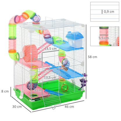 Hamster Cage Small Animal House with Tunnel Platforms Bowl Drinker Hideout Ramps and Exercise Wheel 46x30x58cm Green and White