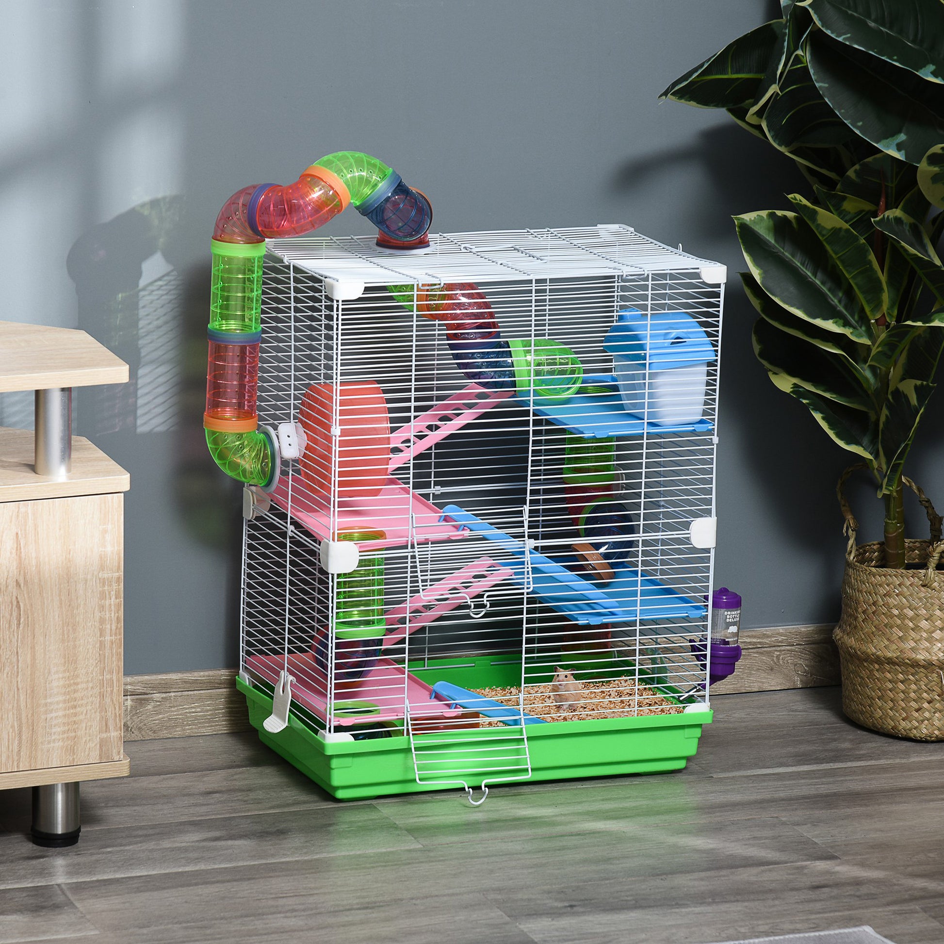 Hamster Cage Small Animal House with Tunnel Platforms Bowl Drinker Hideout Ramps and Exercise Wheel 46x30x58cm Green and White