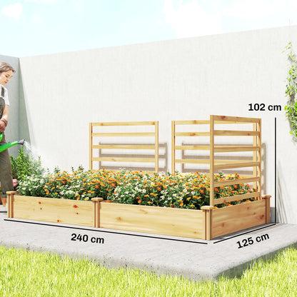 Raised Wooden Planter with 3 Trellises, Double Beds & Open Base — 240 x 125 x 102 cm (94.5" x 49.2" x 40.2") — Natural Pine