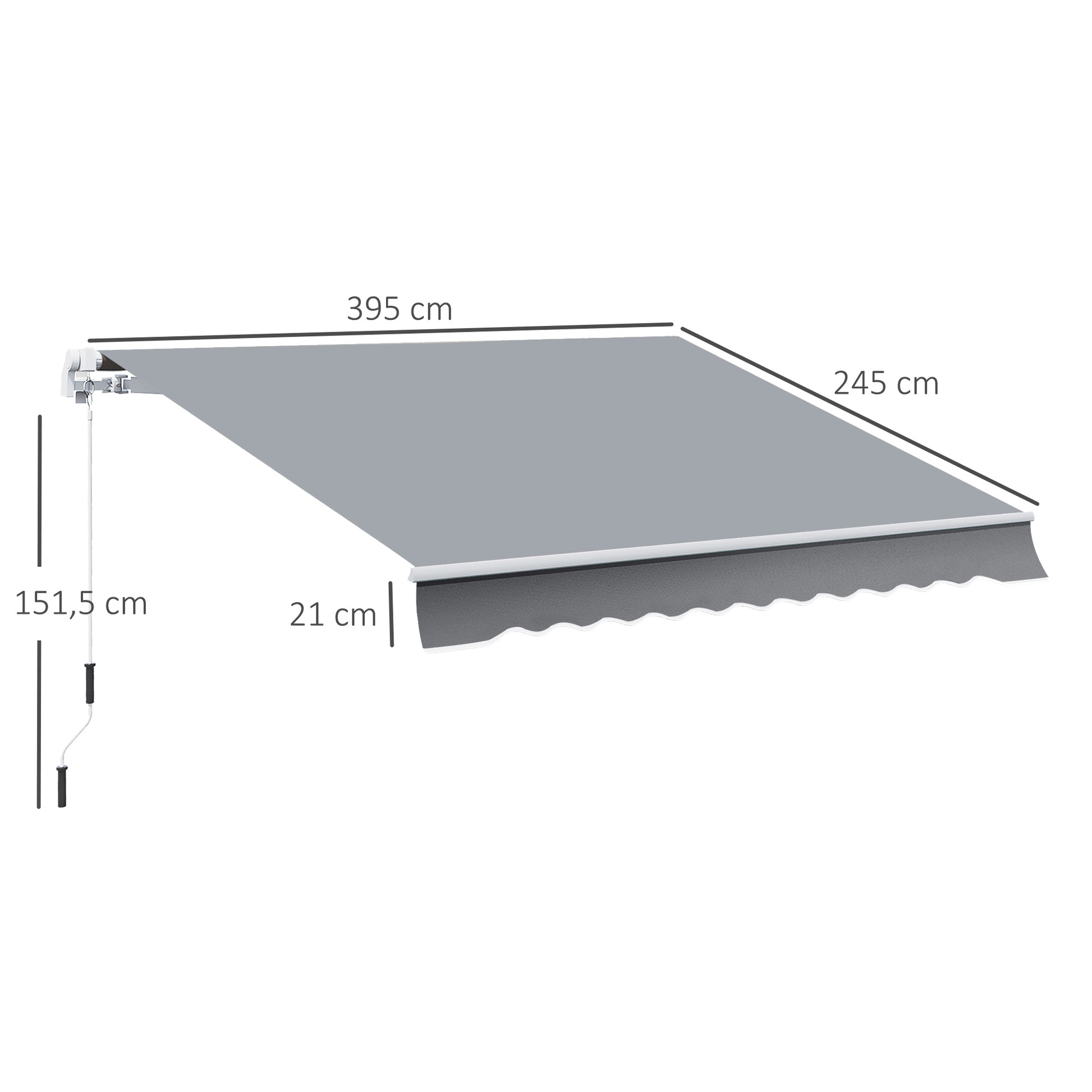 Clamp Awning with Hand Crank Height Adjustable Arm Awning Awning Sun Protection UV Resistant Balcony Awning incl. Wall Bracket Sun Awning 395cm wide for Patio Balcony White + Grey