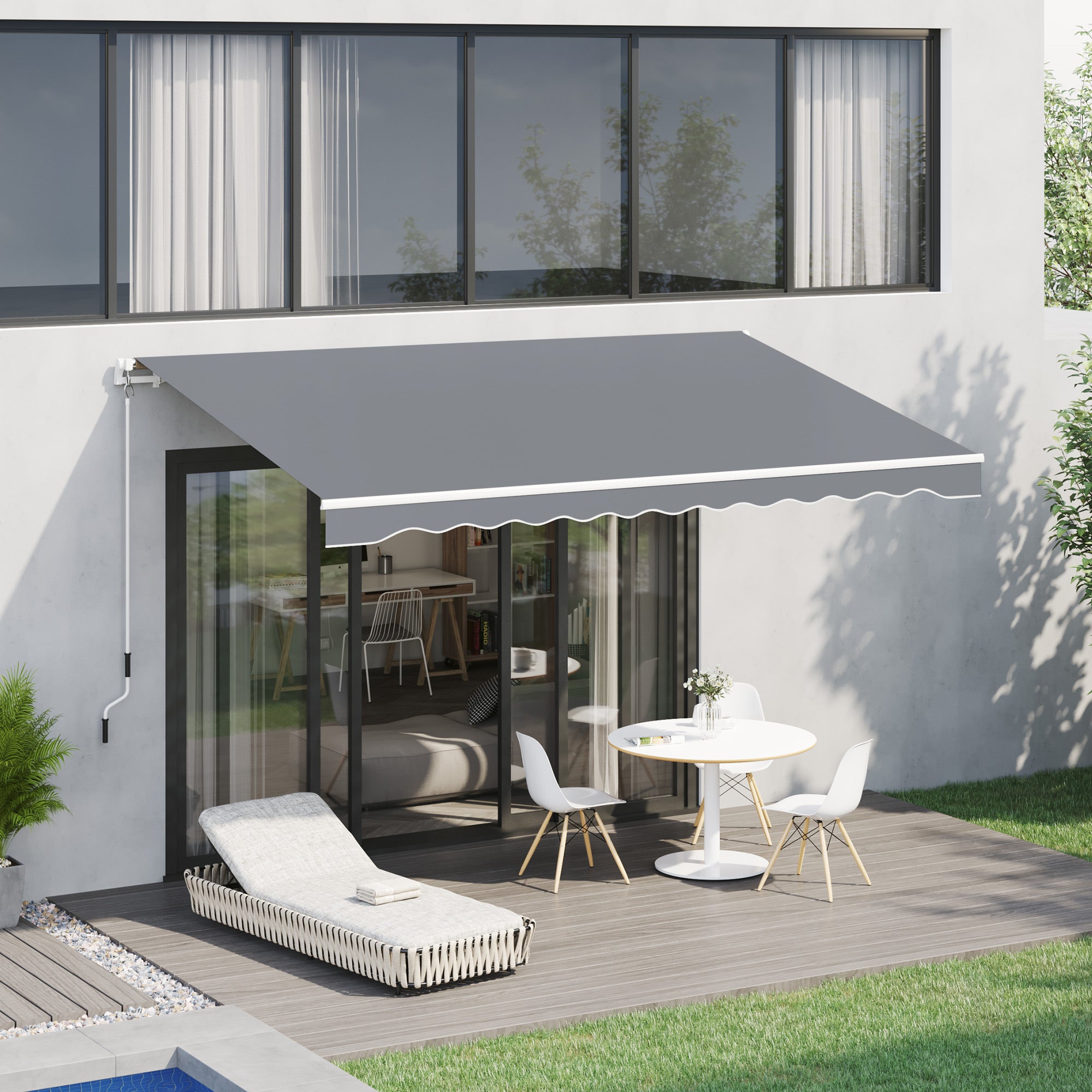 Clamp Awning with Hand Crank Height Adjustable Arm Awning Awning Sun Protection UV Resistant Balcony Awning incl. Wall Bracket Sun Awning 395cm wide for Patio Balcony White + Grey