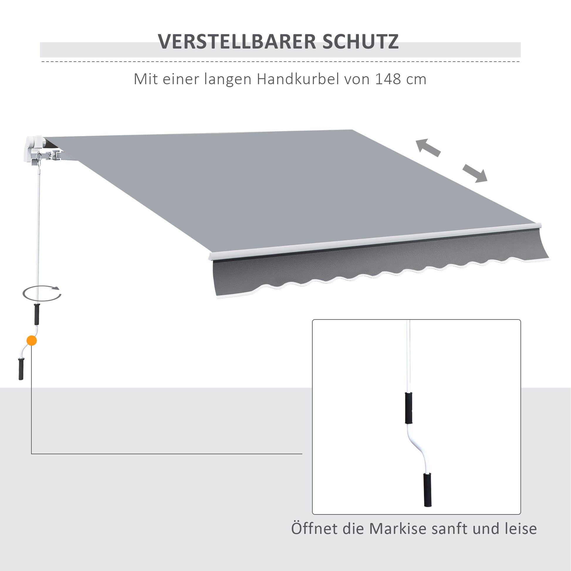 Clamp Awning with Hand Crank Height Adjustable Arm Awning Awning Sun Protection UV Resistant Balcony Awning incl. Wall Bracket Sun Awning 395cm wide for Patio Balcony White + Grey