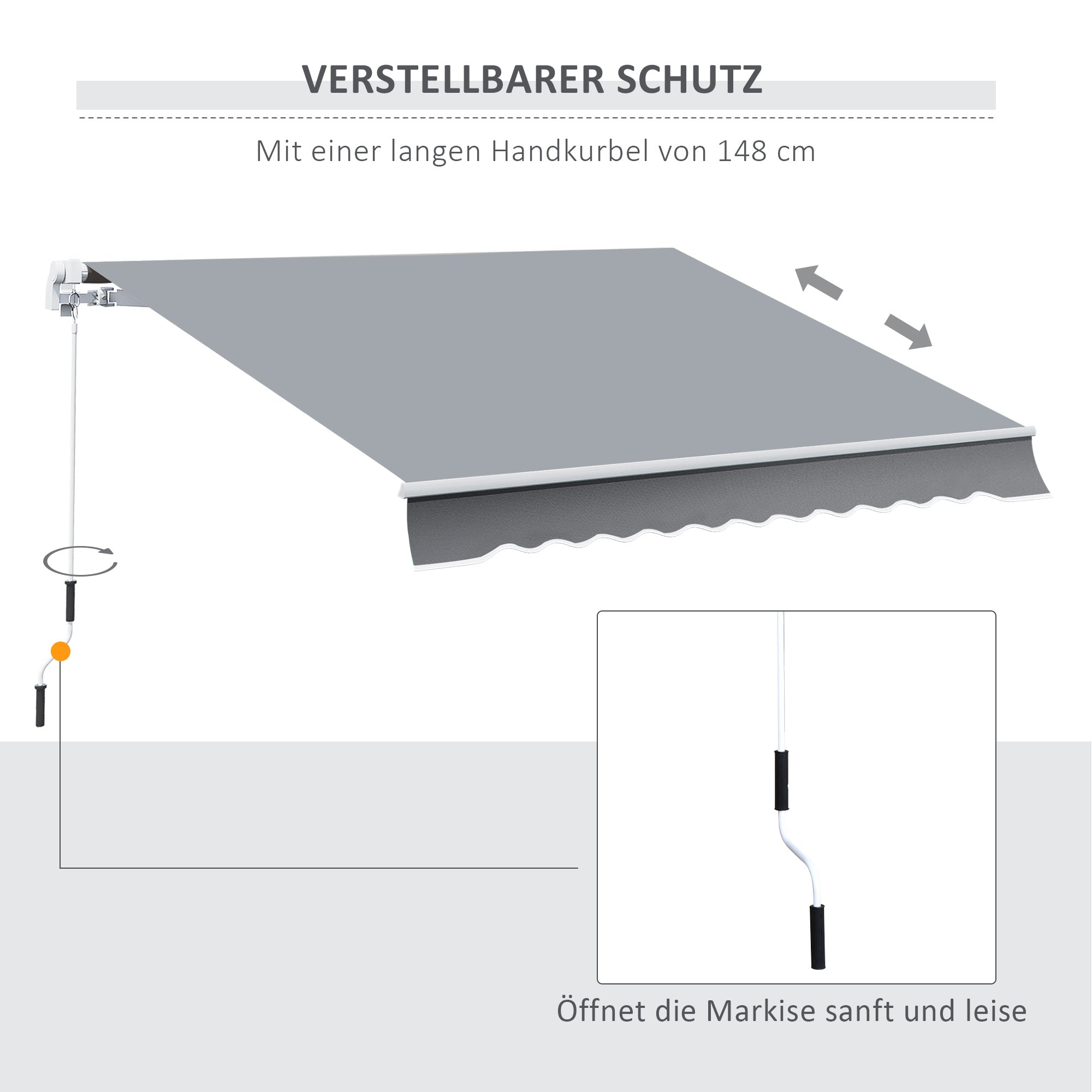 Clamp Awning with Hand Crank Height Adjustable Arm Awning Awning Sun Protection UV Resistant Balcony Awning incl. Wall Bracket Sun Awning 395cm wide for Patio Balcony White + Grey