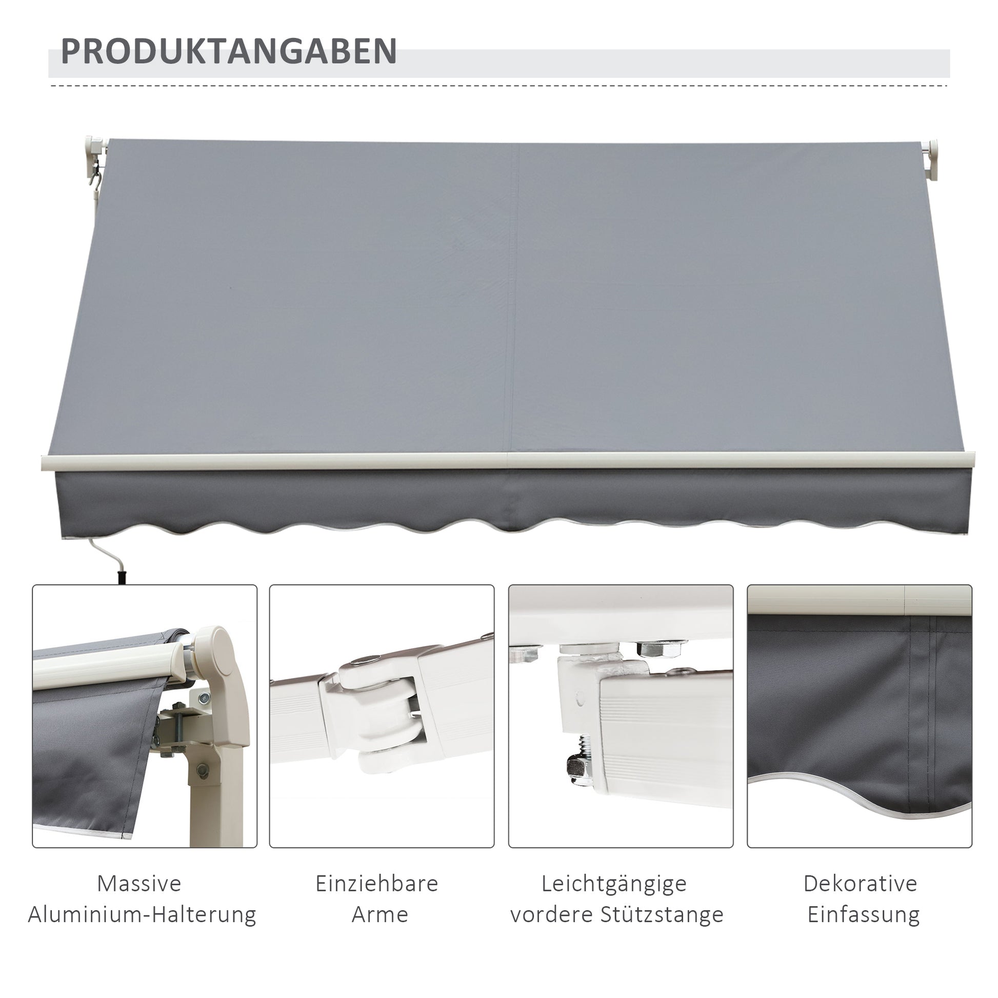 Clamp Awning with Hand Crank Height Adjustable Arm Awning Awning Sun Protection UV Resistant Balcony Awning incl. Wall Bracket Sun Awning 395cm wide for Patio Balcony White + Grey