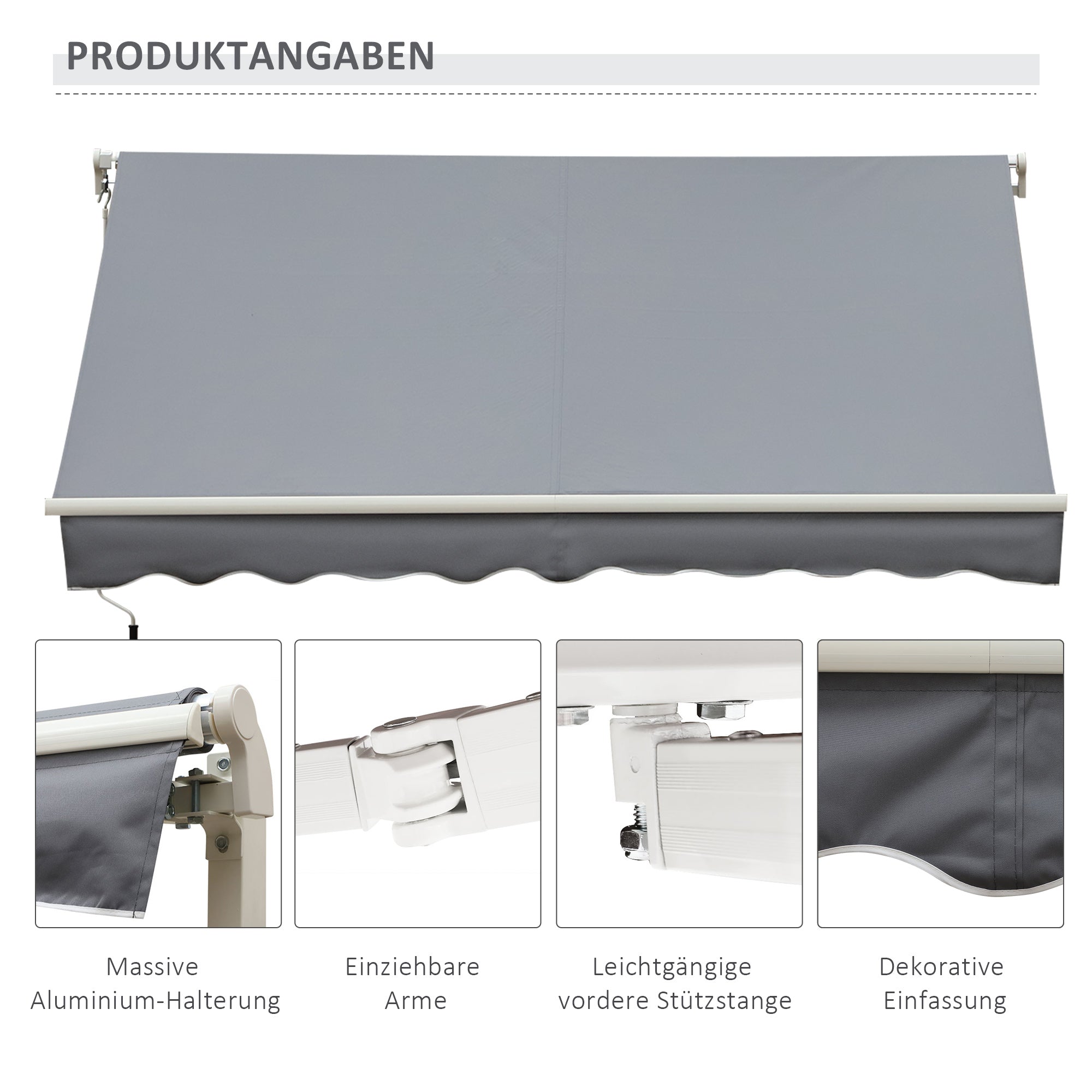 Clamp Awning with Hand Crank Height Adjustable Arm Awning Awning Sun Protection UV Resistant Balcony Awning incl. Wall Bracket Sun Awning 395cm wide for Patio Balcony White + Grey