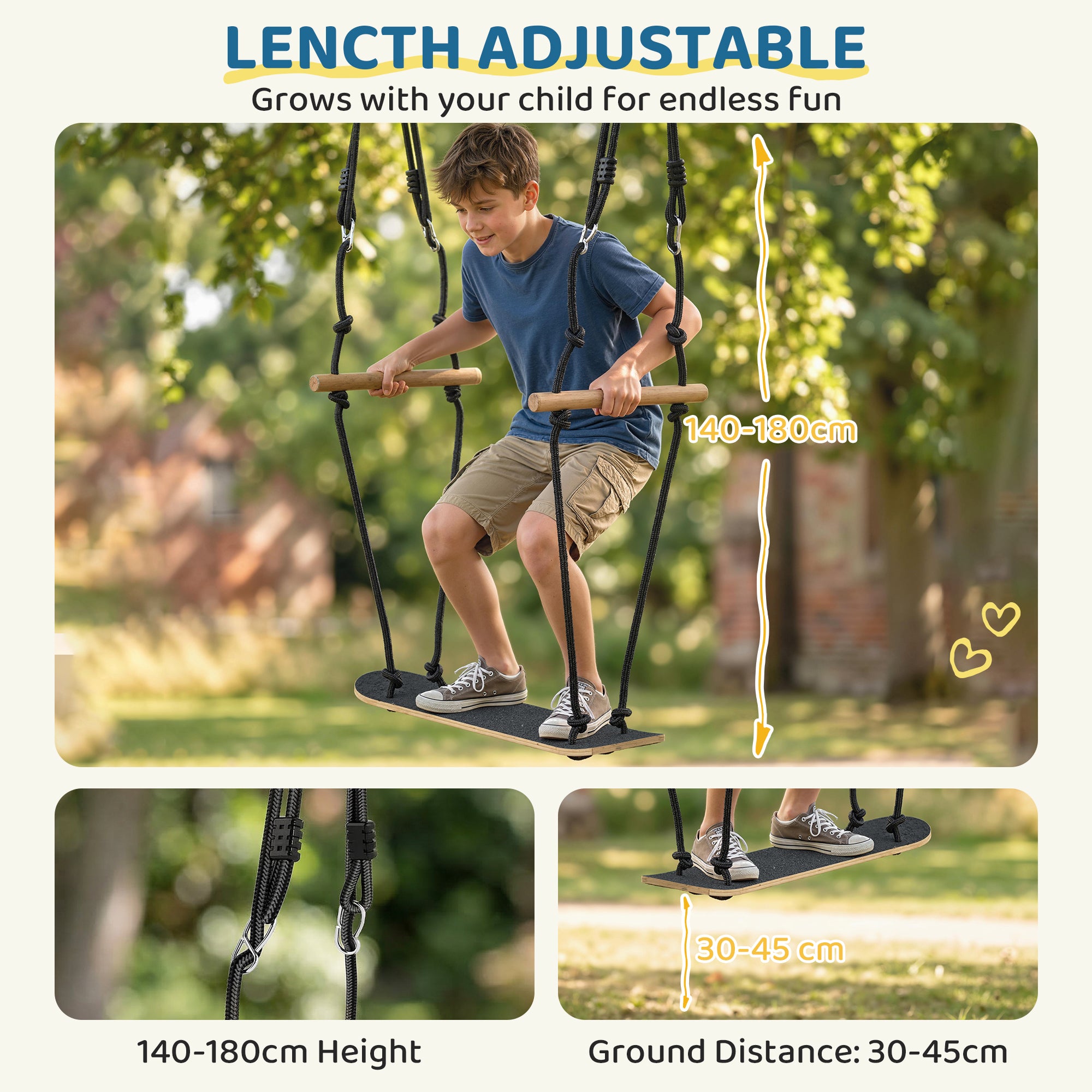 Skateboard-Style Kids Swing — Adjustable Height, Non-Slip Deck, Weatherproof Rope & Handles, Holds up to 220 lb (100 kg), Ages 3+