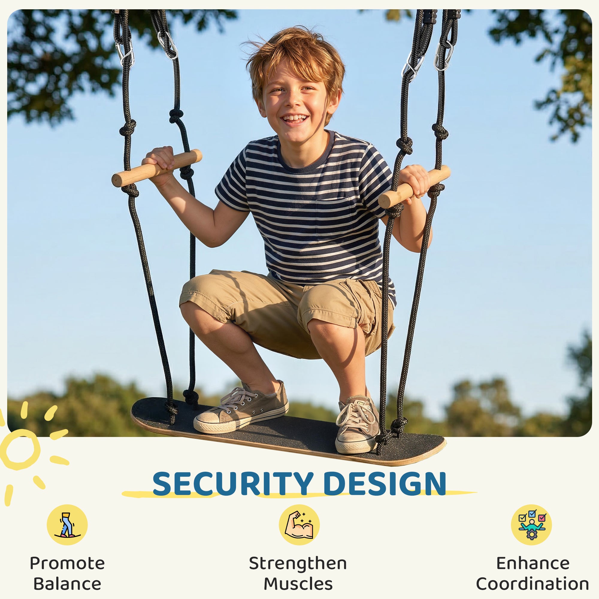 Skateboard-Style Kids Swing — Adjustable Height, Non-Slip Deck, Weatherproof Rope & Handles, Holds up to 220 lb (100 kg), Ages 3+