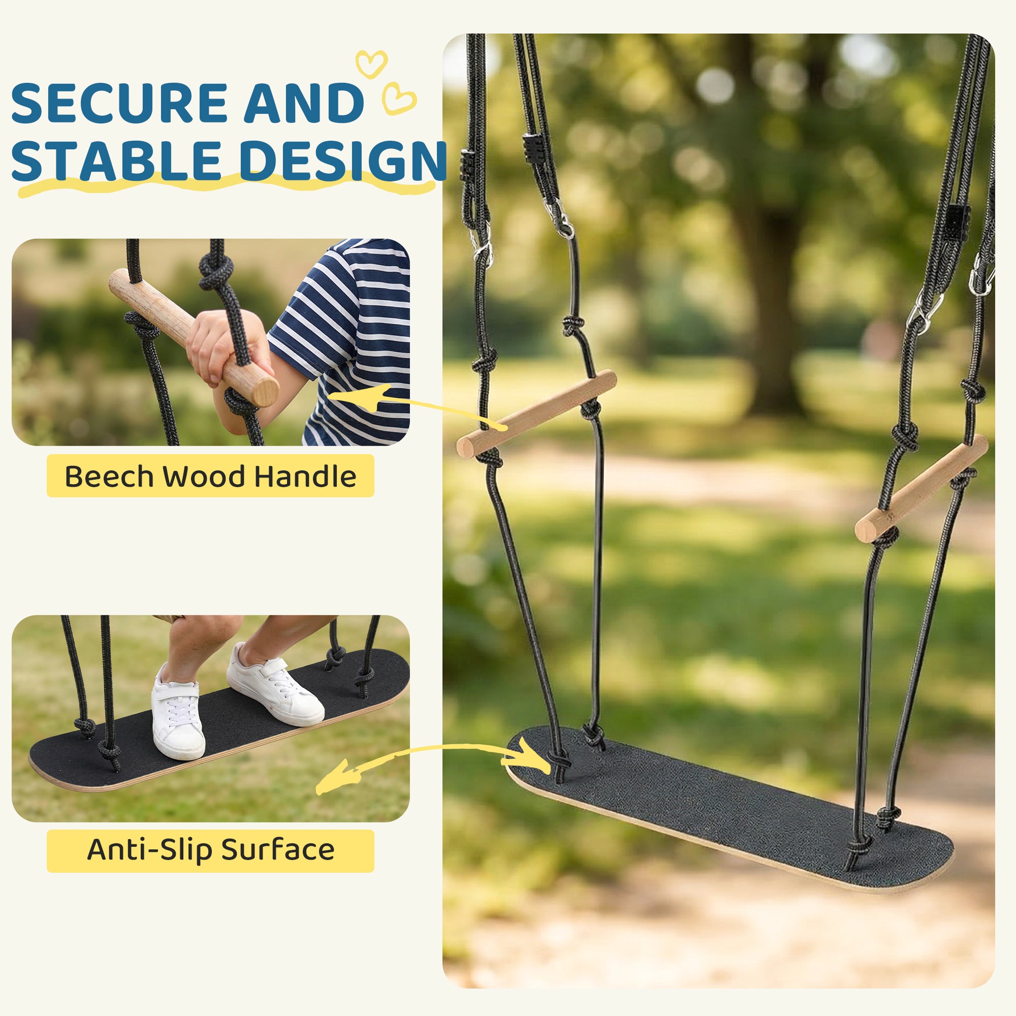 Skateboard-Style Kids Swing — Adjustable Height, Non-Slip Deck, Weatherproof Rope & Handles, Holds up to 220 lb (100 kg), Ages 3+