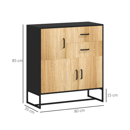 Modern Sideboard with 3 Cabinets and 2 Drawers, Multi-Purpose Cabinet in Particleboard and Steel, 80x35x85 cm, Black and Wood Color