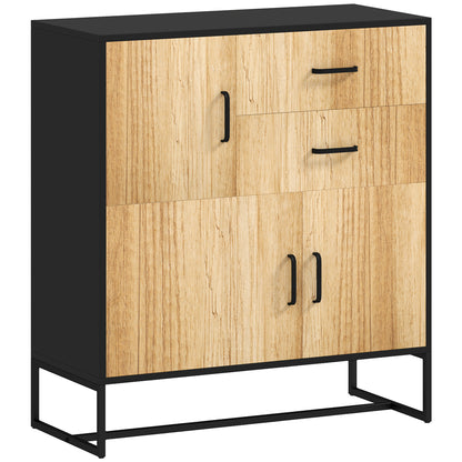 Modern Sideboard with 3 Cabinets and 2 Drawers, Multi-Purpose Cabinet in Particleboard and Steel, 80x35x85 cm, Black and Wood Color