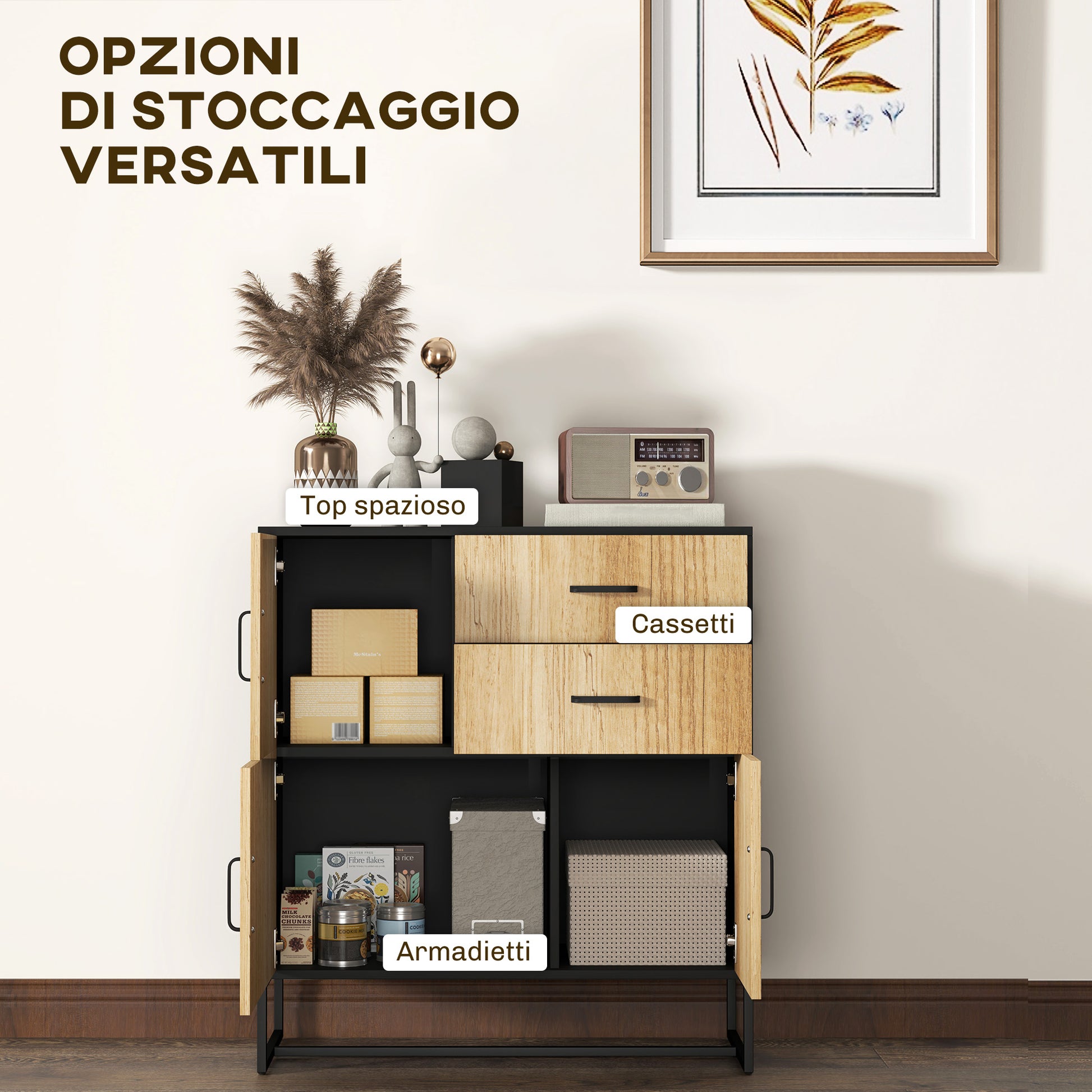Modern Sideboard with 3 Cabinets and 2 Drawers, Multi-Purpose Cabinet in Particleboard and Steel, 80x35x85 cm, Black and Wood Color