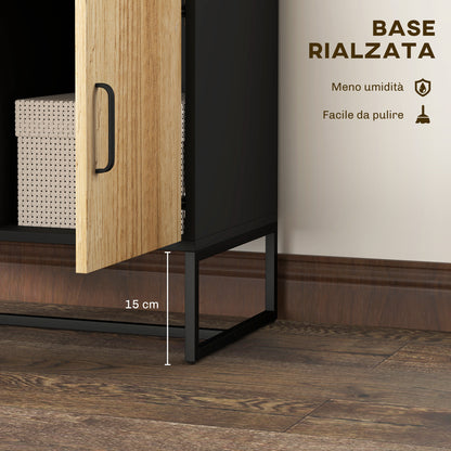 Modern Sideboard with 3 Cabinets and 2 Drawers, Multi-Purpose Cabinet in Particleboard and Steel, 80x35x85 cm, Black and Wood Color