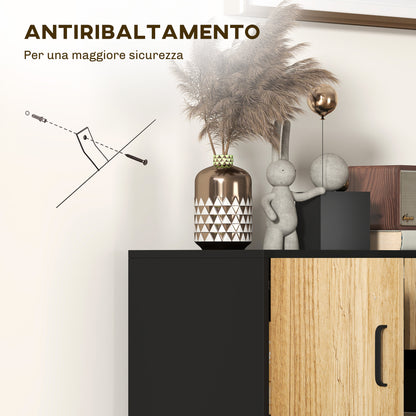 Modern Sideboard with 3 Cabinets and 2 Drawers, Multi-Purpose Cabinet in Particleboard and Steel, 80x35x85 cm, Black and Wood Color