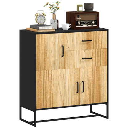 Modern Sideboard with 3 Cabinets and 2 Drawers, Multi-Purpose Cabinet in Particleboard and Steel, 80x35x85 cm, Black and Wood Color