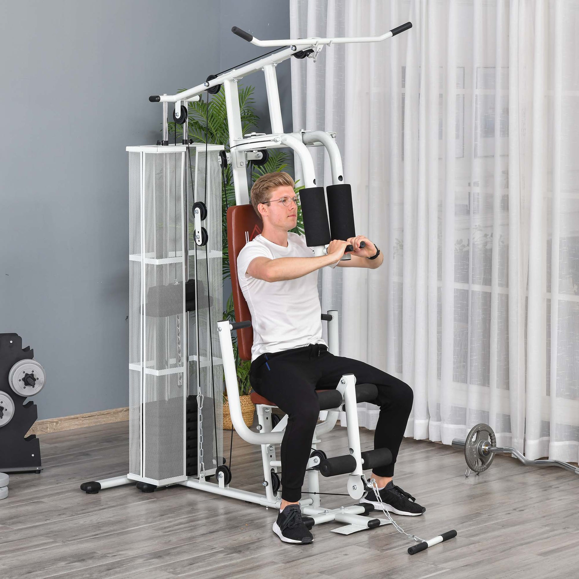 Strength Training Station Fitness Station with Lat Pull Down Extension Butterfly Bar 45kg Weights Cable Fitness Equipment Up to 120kg Capacity Multifunctional Strength Training Multistation Training Station for Home White