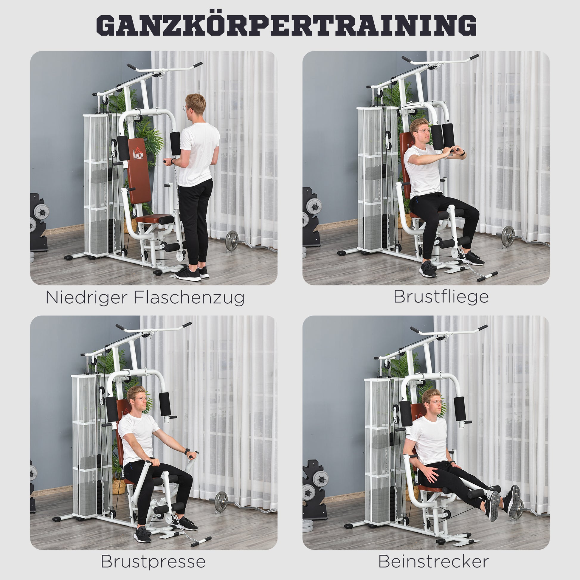 Strength Training Station Fitness Station with Lat Pull Down Extension Butterfly Bar 45kg Weights Cable Fitness Equipment Up to 120kg Capacity Multifunctional Strength Training Multistation Training Station for Home White