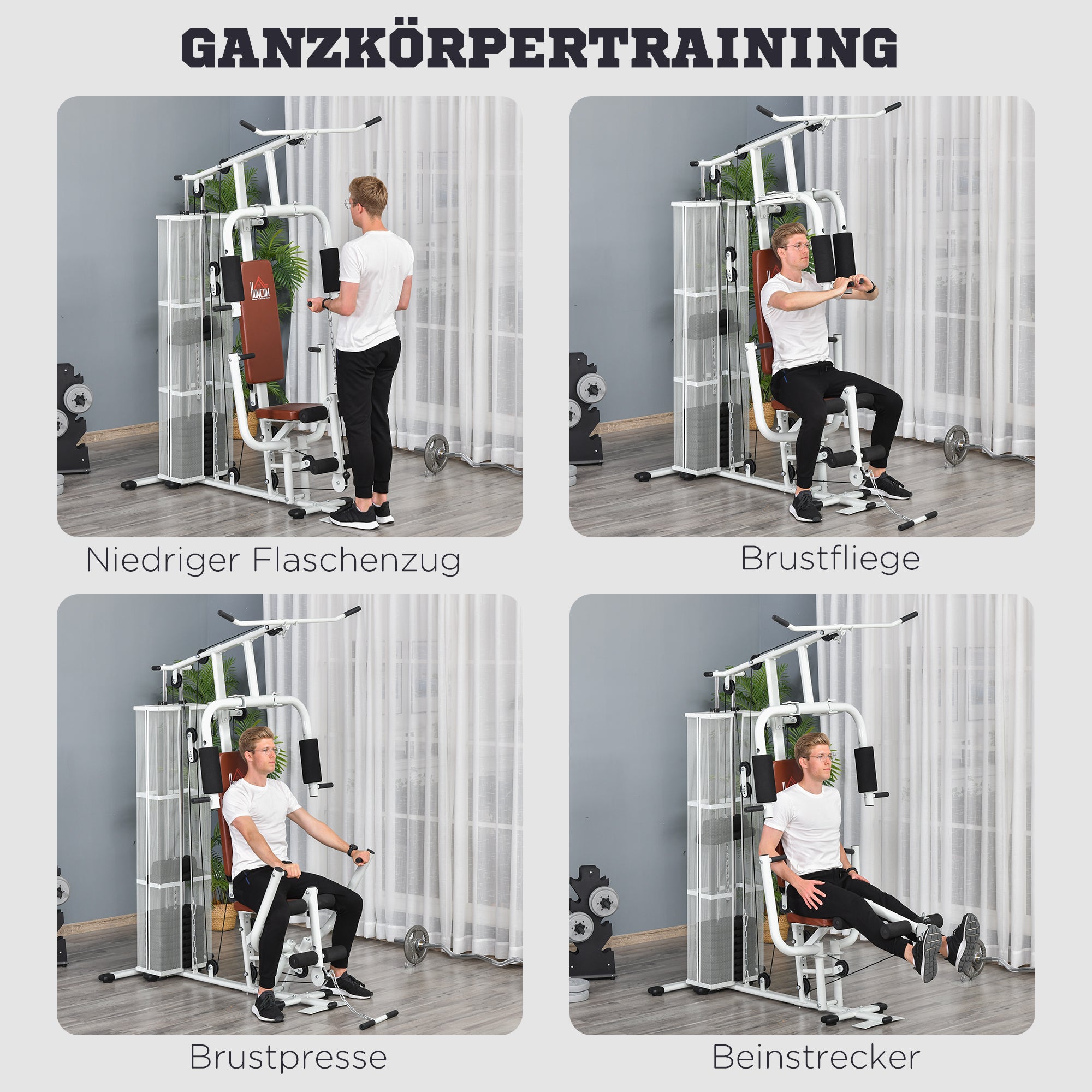 Strength Training Station Fitness Station with Lat Pull Down Extension Butterfly Bar 45kg Weights Cable Fitness Equipment Up to 120kg Capacity Multifunctional Strength Training Multistation Training Station for Home White