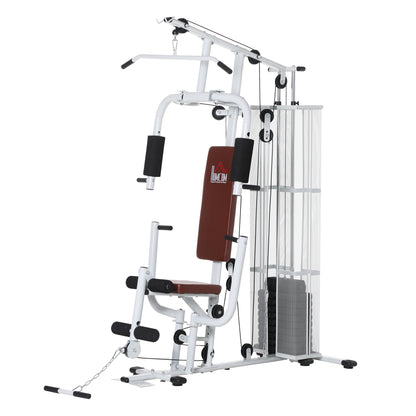 Strength Training Station Fitness Station with Lat Pull Down Extension Butterfly Bar 45kg Weights Cable Fitness Equipment Up to 120kg Capacity Multifunctional Strength Training Multistation Training Station for Home White