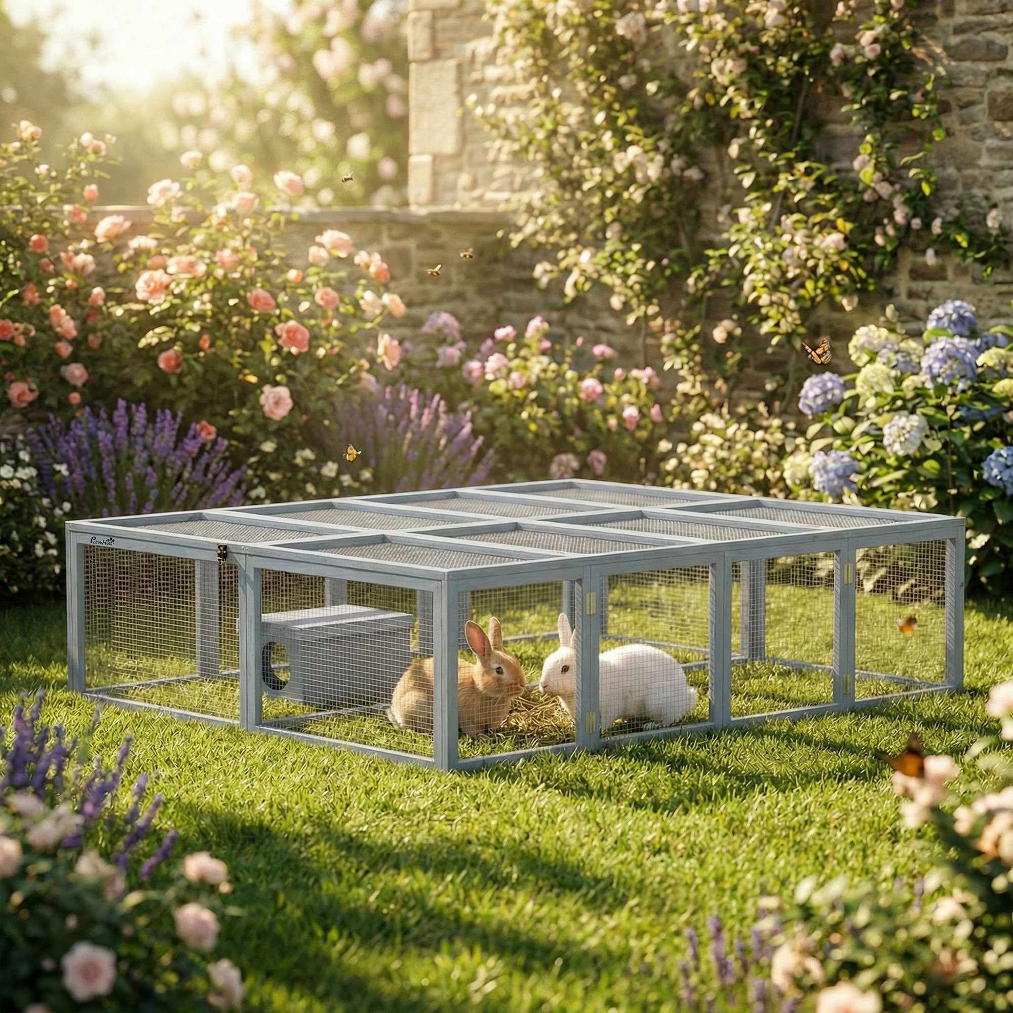 Outdoor Rabbit Run with Shelter, 180.4 x 150 x 48 cm (71" x 59" x 19") — Gray