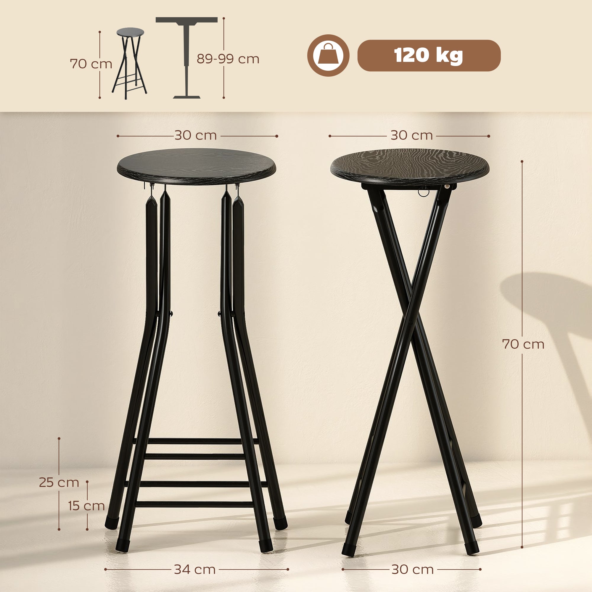 Set of 2 Folding Bar Stools, Round High Kitchen Counter Stools with Dual Footrests, Wood & Steel Frame, Black