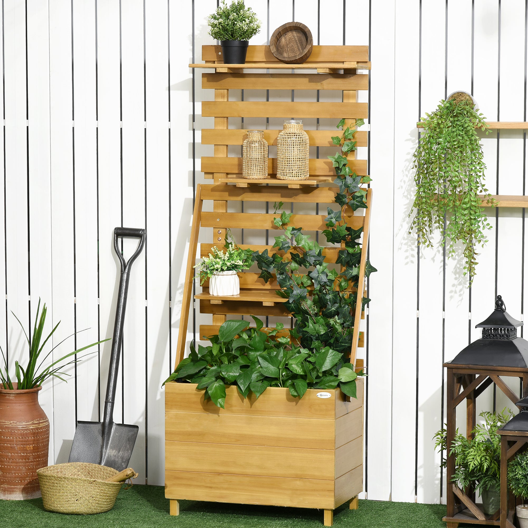 Raised Garden Bed with Trellis, Plant Box with 3 Shelves, Flower Box with Trellis, for Climbing Plants, Garden, Patio, Made of Wood, Brown, 63 x 39 x 160 cm