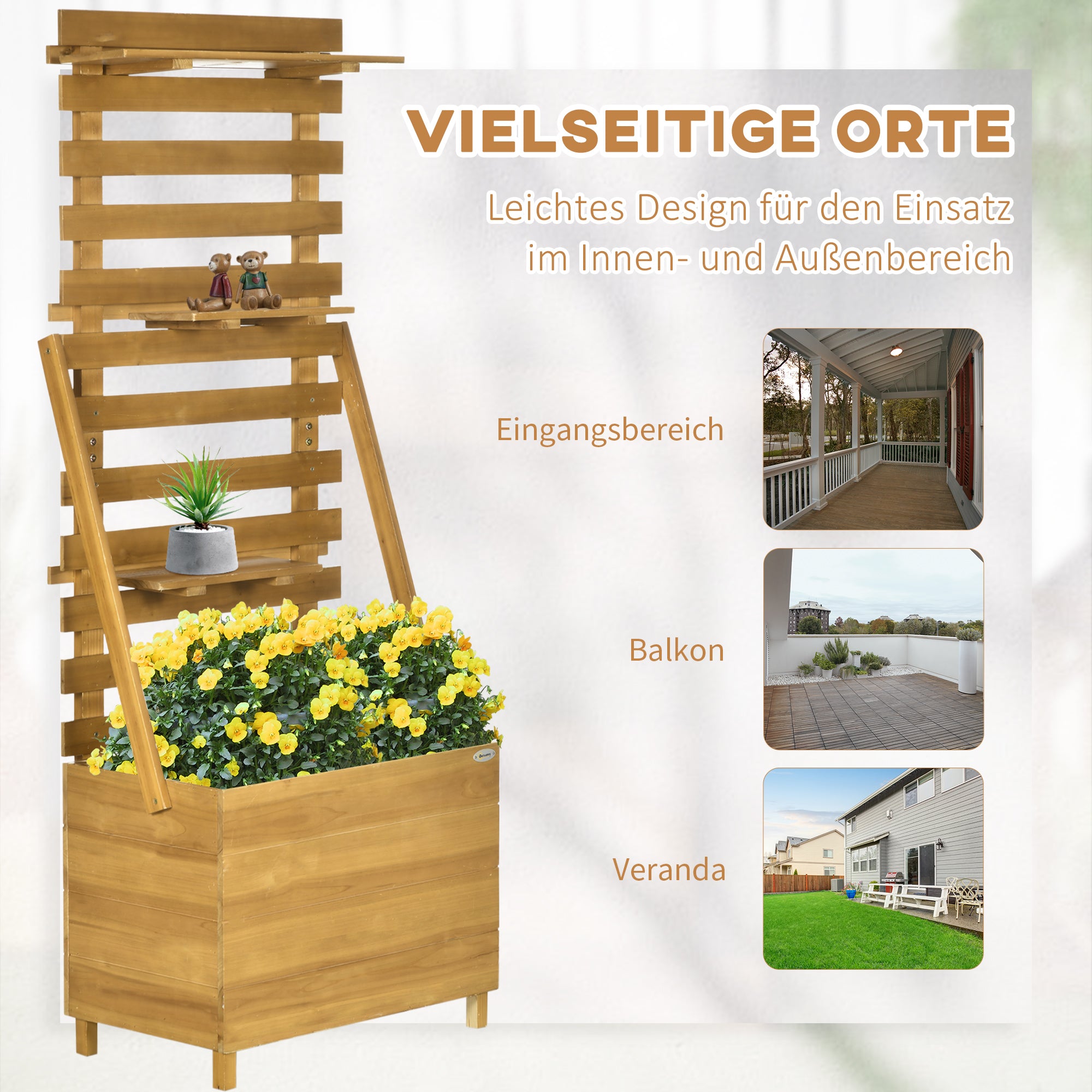 Raised Garden Bed with Trellis, Plant Box with 3 Shelves, Flower Box with Trellis, for Climbing Plants, Garden, Patio, Made of Wood, Brown, 63 x 39 x 160 cm