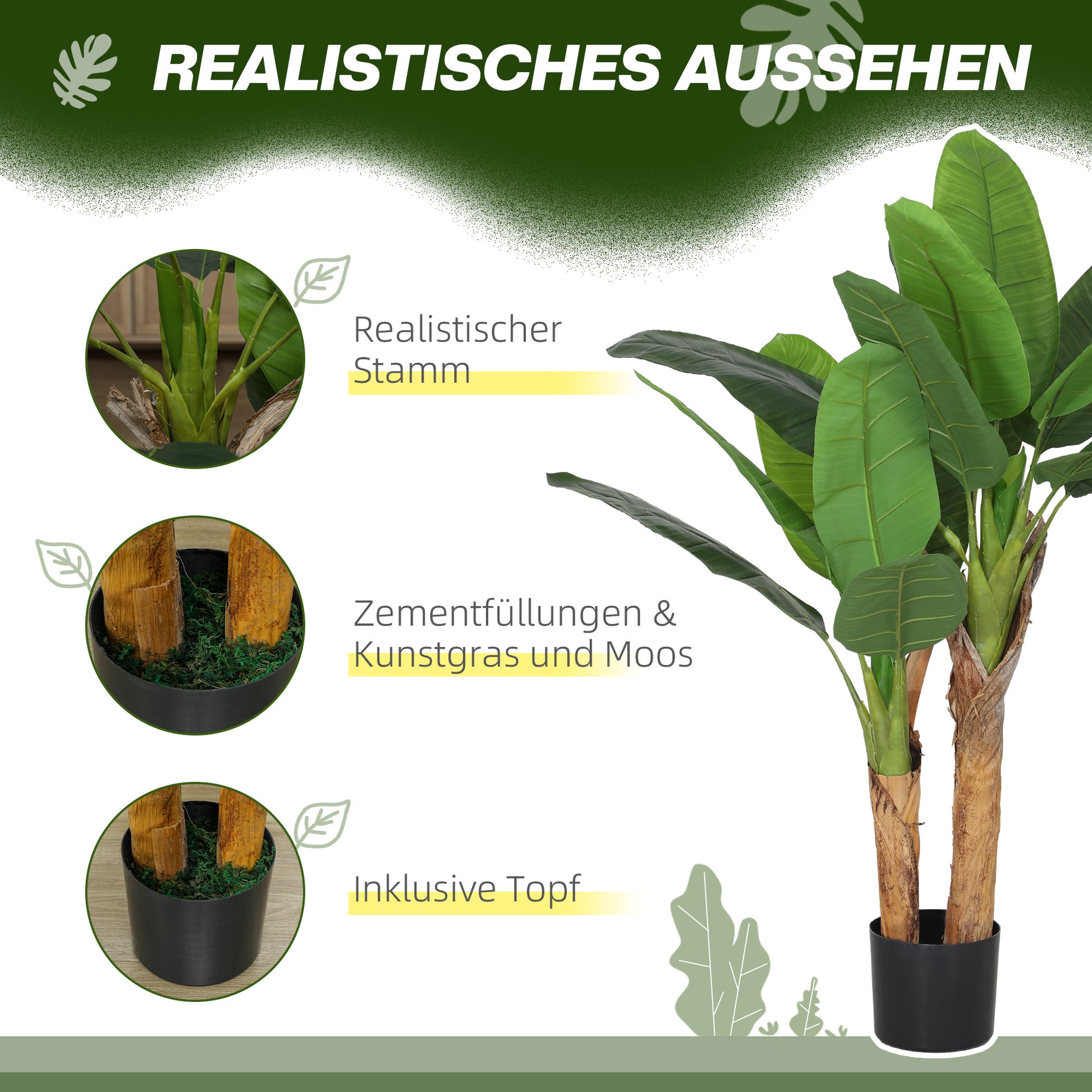 Artificial Banana Tree 2 Piece Large 120 cm Faux Plant, Artificial Banana Tree Plants with Pot, Artificial Moss, Artificial Grass for Living Room Bedroom
