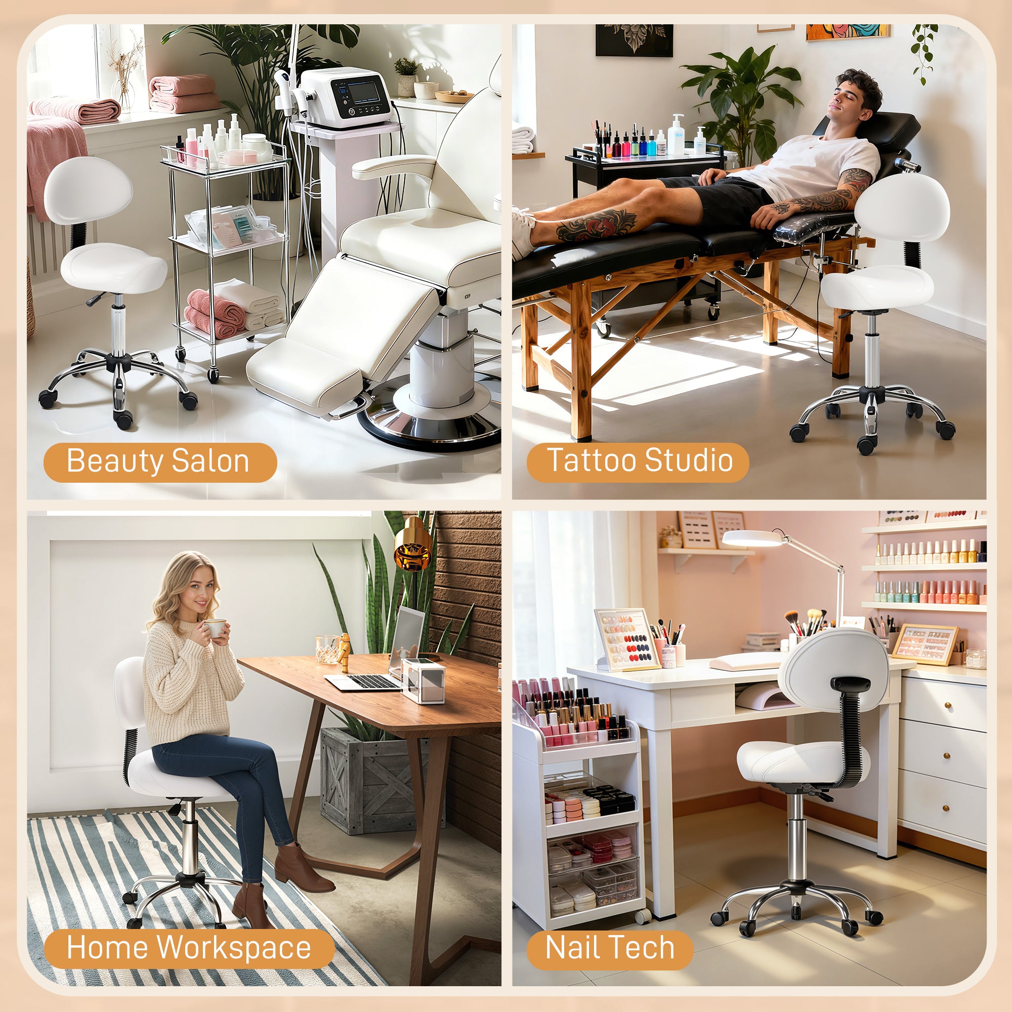 Adjustable Rolling Swivel Stool with Removable Back — Height 32.7–38.6 in | White Faux Leather