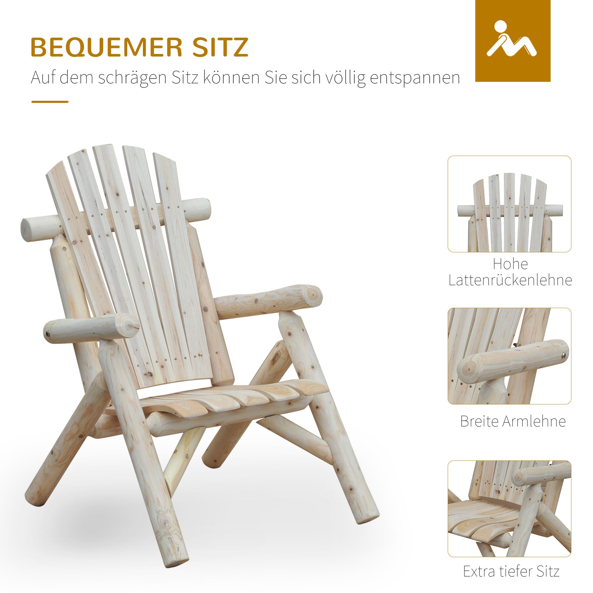 Weatherproof Adirondack Chair Wooden Outdoor Garden Chair with High Backrest and Armrests Balcony Chair Garden Seat for Garden, Terrace, Balcony 83cm x 68cm x 101cm Natural