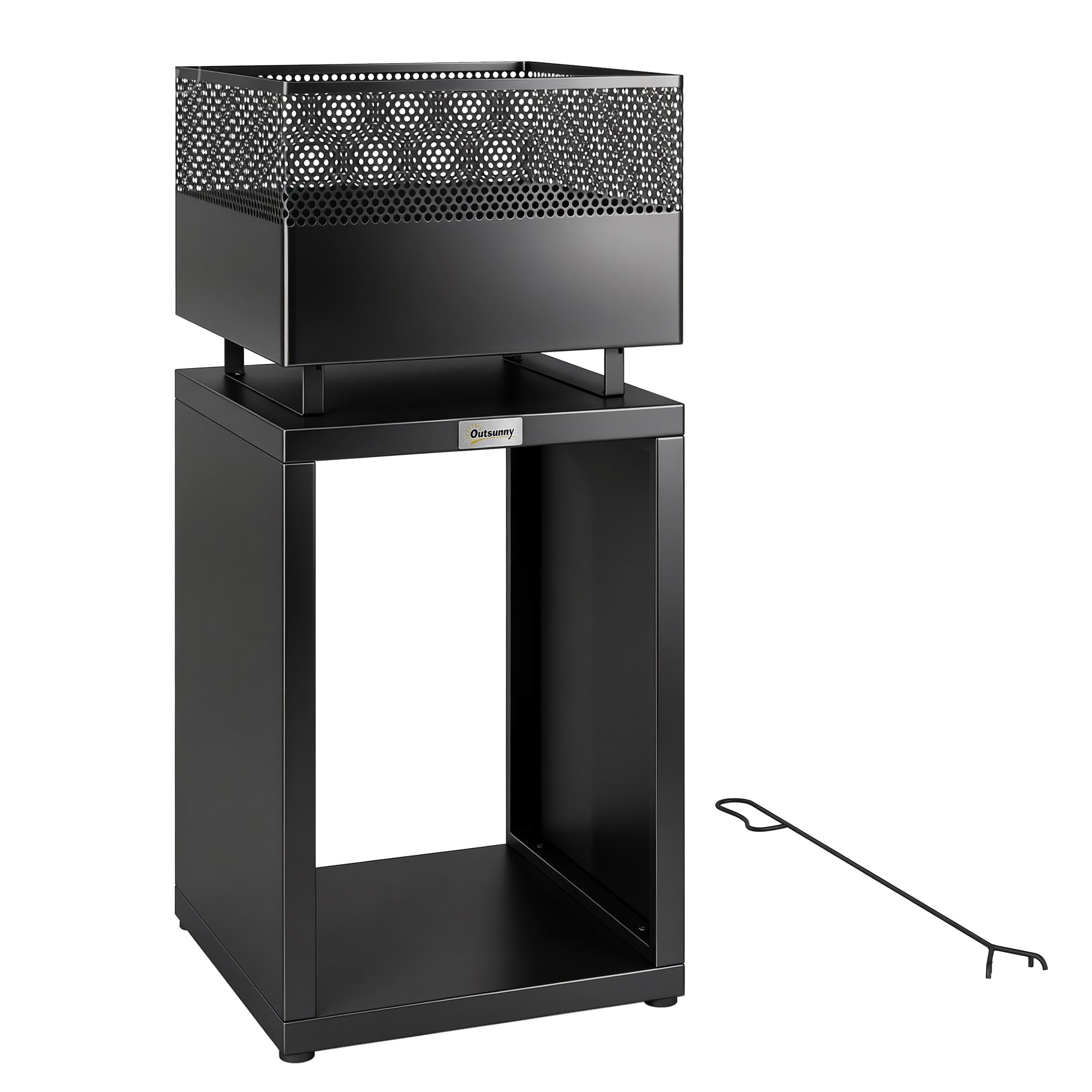 Fire Pit Tower with Wood Storage, 15.4 x 15.4 x 34.3 in — Coal Grate & Adjustable Feet, Black