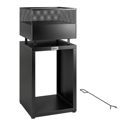 Fire Pit Tower with Wood Storage, 15.4 x 15.4 x 34.3 in — Coal Grate & Adjustable Feet, Black