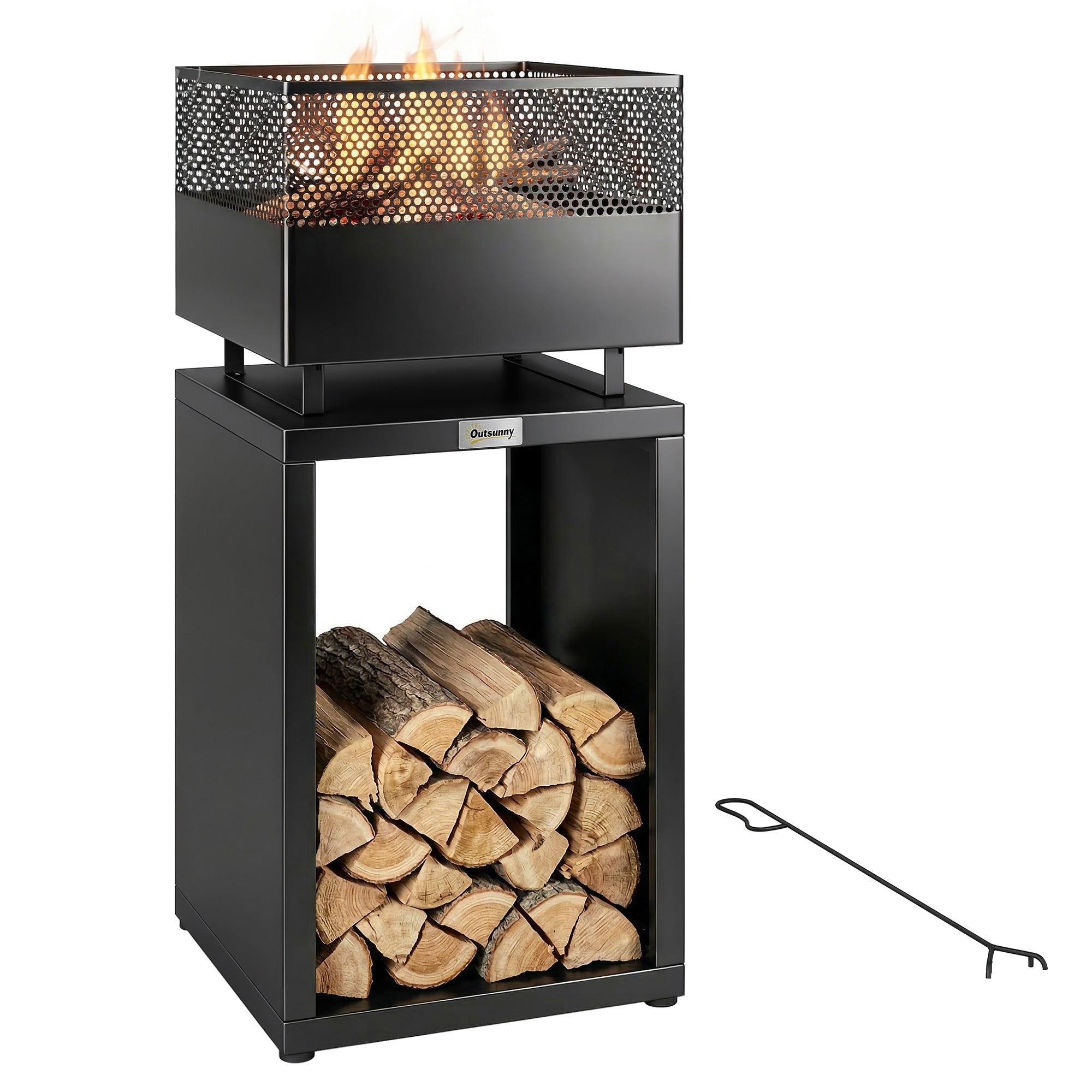 Fire Pit Tower with Wood Storage, 15.4 x 15.4 x 34.3 in — Coal Grate & Adjustable Feet, Black