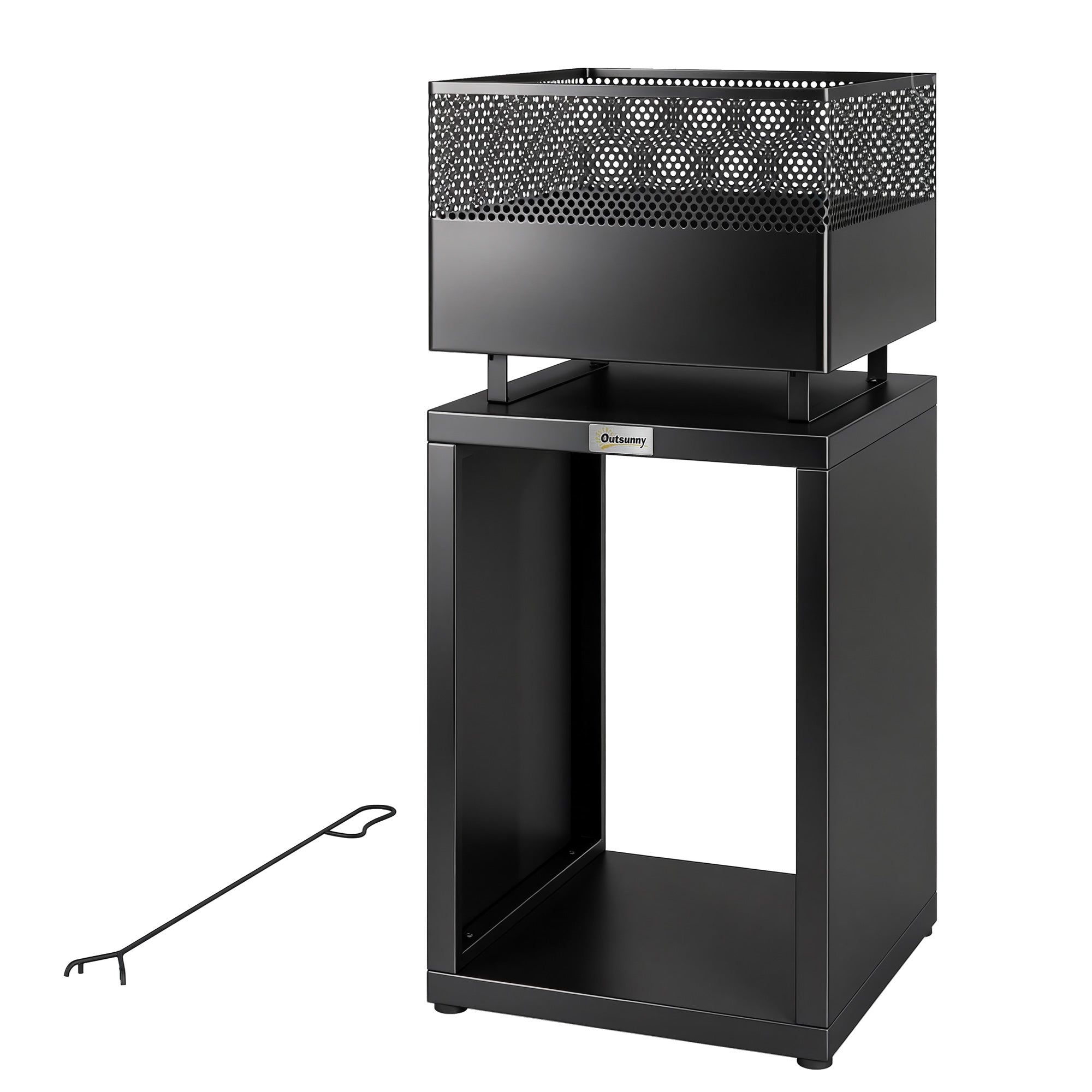 Fire Pit Tower with Wood Storage, 15.4 x 15.4 x 34.3 in — Coal Grate & Adjustable Feet, Black