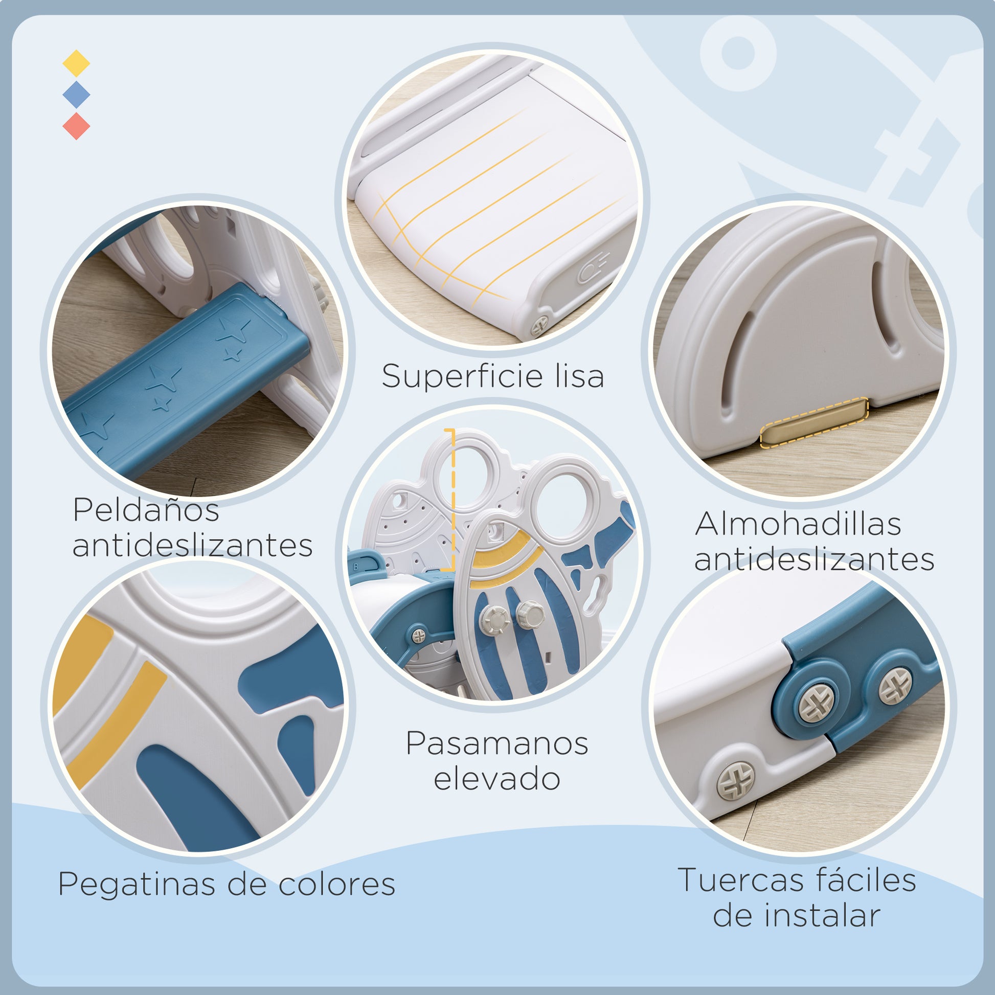 Children's Slide for 18-36 Months Kids 157 cm with 3 Non-Slip Steps Load 30 kg for Indoor Blue and Gray