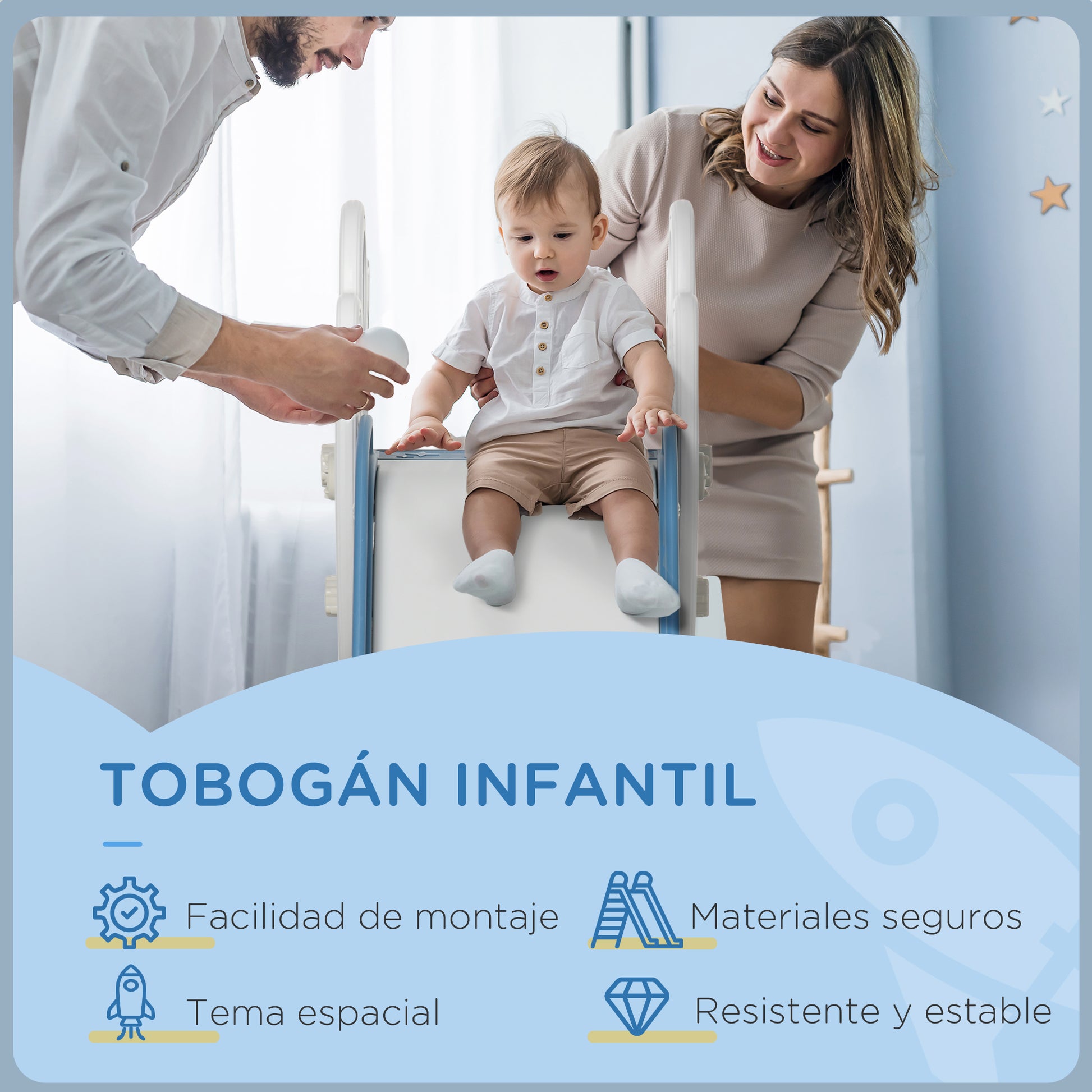 Children's Slide for 18-36 Months Kids 157 cm with 3 Non-Slip Steps Load 30 kg for Indoor Blue and Gray