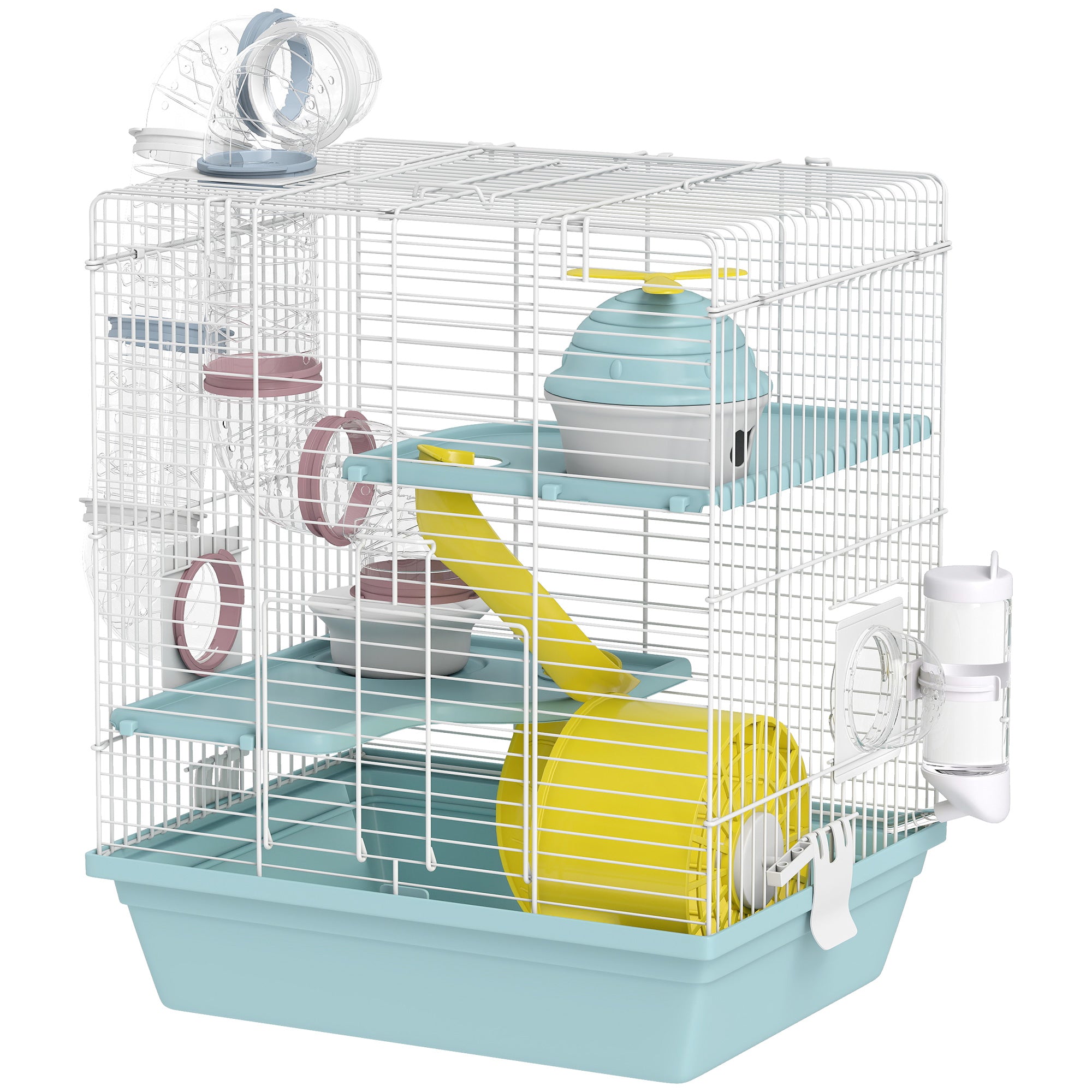 3-Level Hamster Cage with Exercise Wheel, Play Tunnels, Hideout & Bowl — For Dwarf Hamsters & Gerbils, 13.6 x 10.8 x 16.1 in, Blue